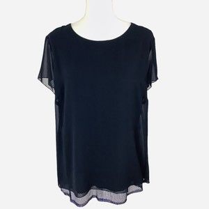 Women's L Black Lined Chiffon Purple Sequins Ruffle Hem Blouse Top Short Sleeve